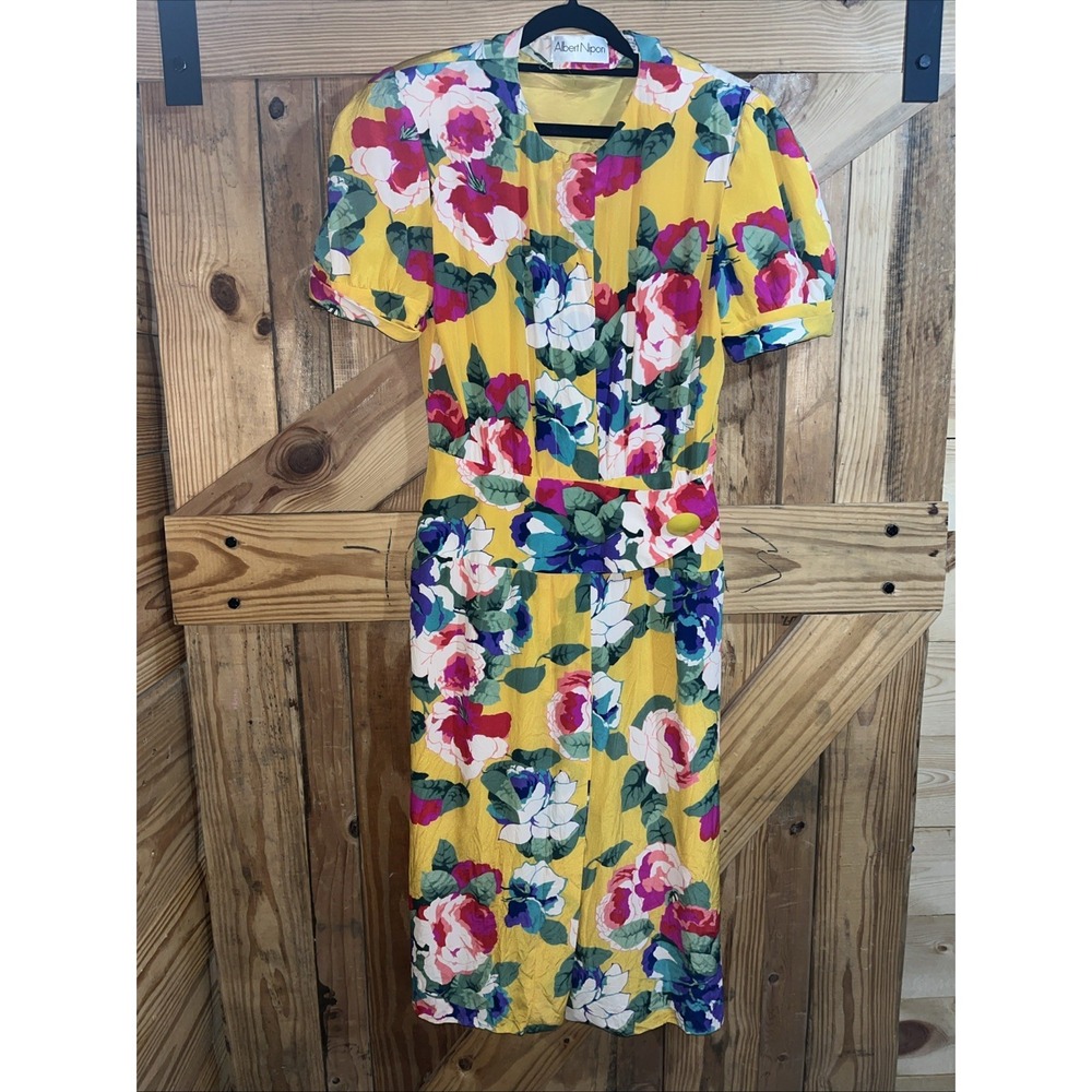 Vintage 80's Albert Nipon Linen Puff Sleeve Brunch Golden Girls Silk Dress Sz 10